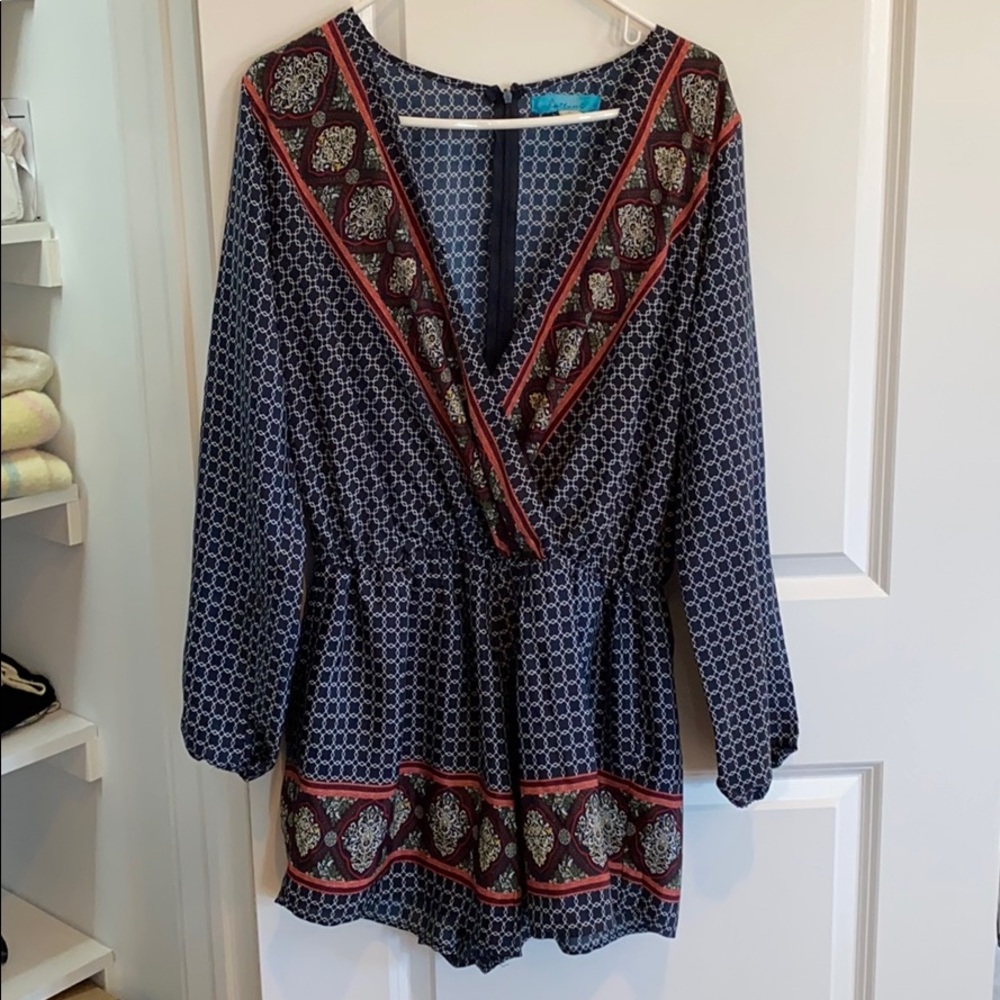 Buttons brand romper, blue, red and white paisley